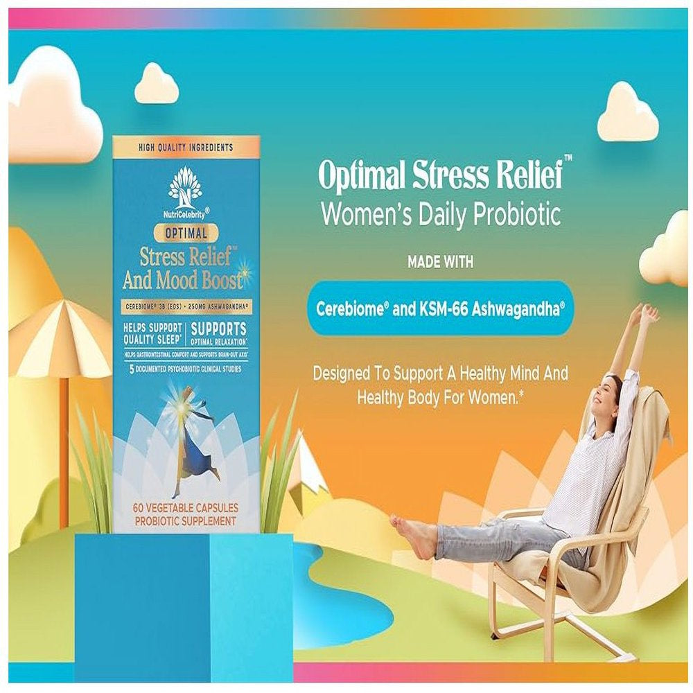 Nutricelebrity Optimal Stress Relief Supplement, Mood Support, Sleep Aid, Ashwagandha Organic, KSM-66, Brain Focus, Probiotics for Women, Gut Health, Vegan Non GMO 60 Days Supply