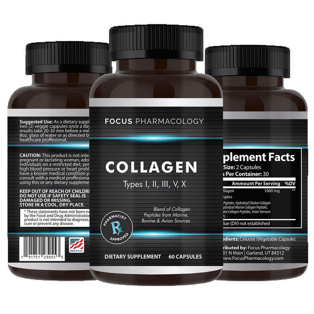 Collagen Support Amazing Grass Pills (Type I, II, III, V, X) Avian Sternum Hydrolyzed Collagen Skin Peptides Collagen Support with Hyaluronic Acid + Vitamin C + Protein Complex (60 Capsules)