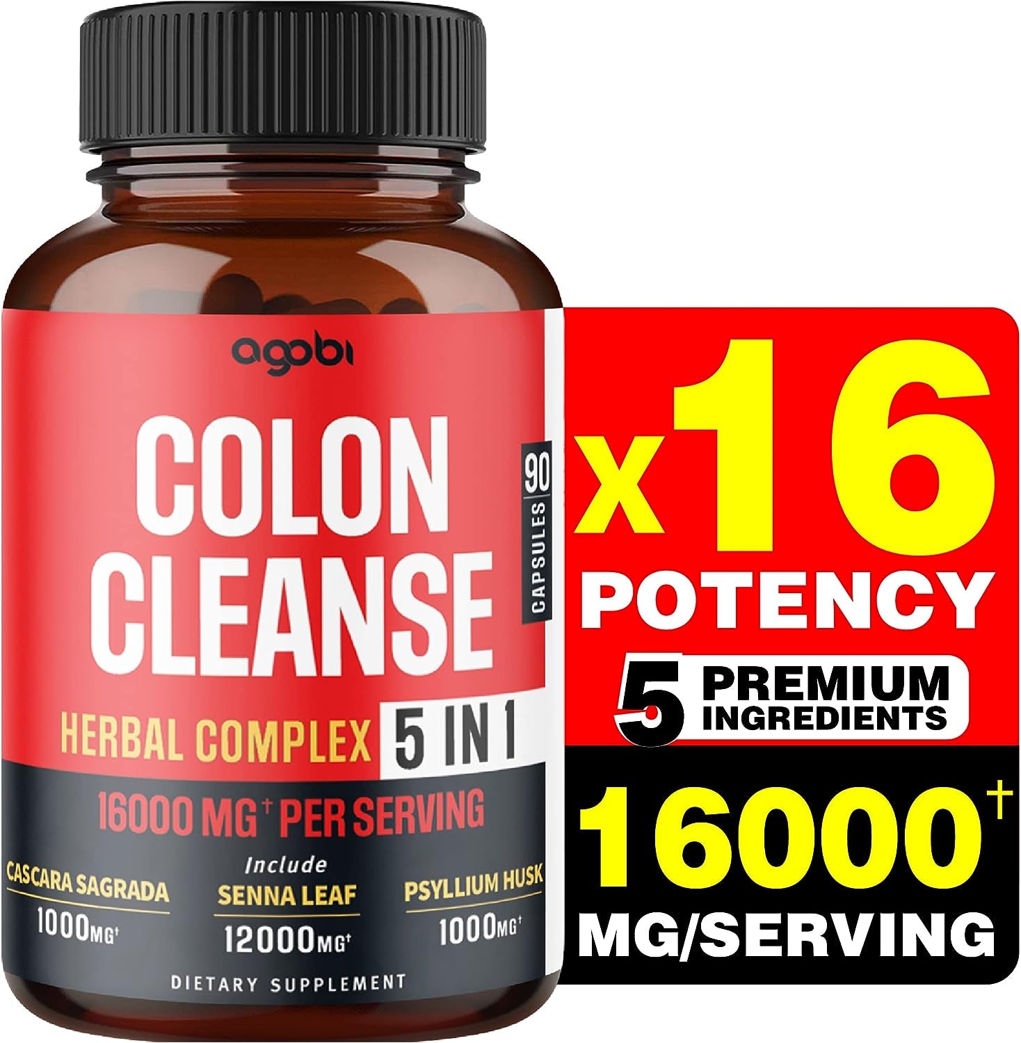 Colon Cleanse Support Supplement - 5In1 Formula 16000Mg with Senna Leaf, Cascara Sagrada Bark, Psyllium Husk, Flaxseed & Aloe Vera Gel - Gluten-Free, Non-Gmo - 90 Vegan Capsules