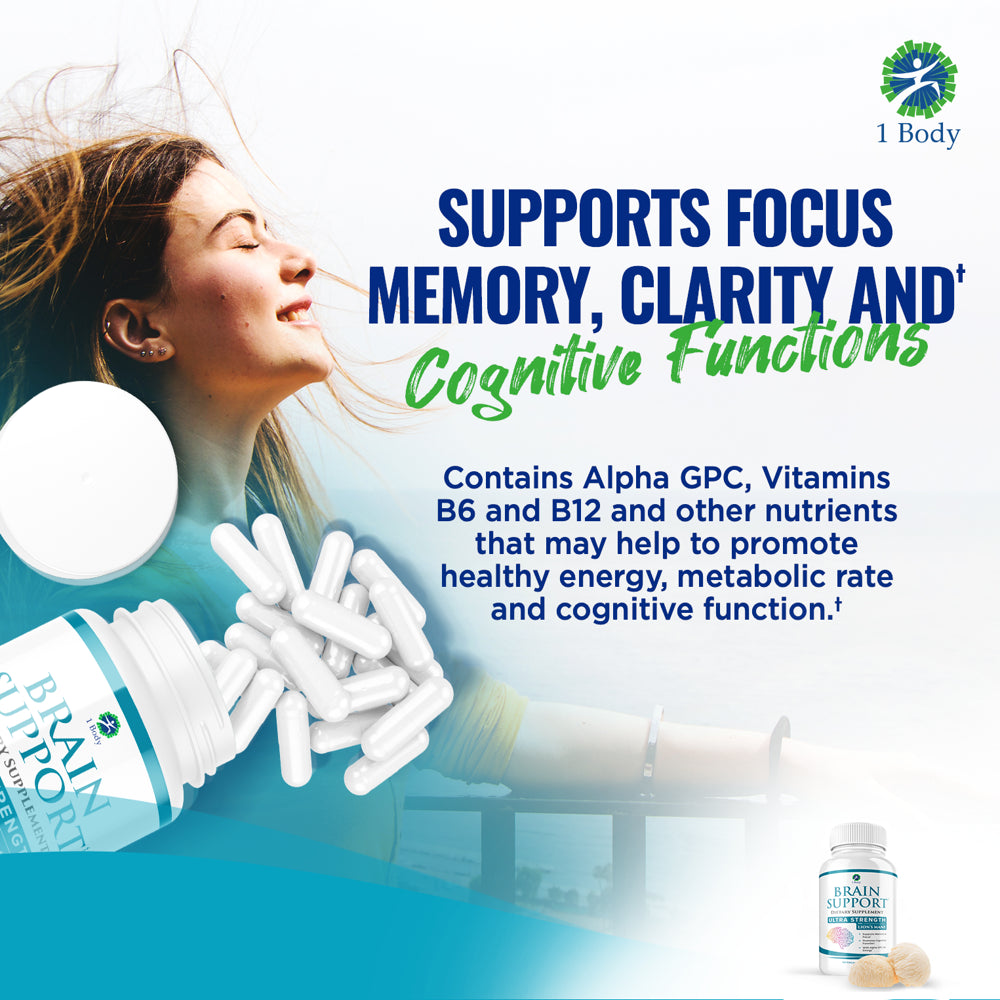 1 Body Brain Memory Support Supplement and Boost Focus Vitamins with Nootropics, Lion’S Mane, 90 Capsules