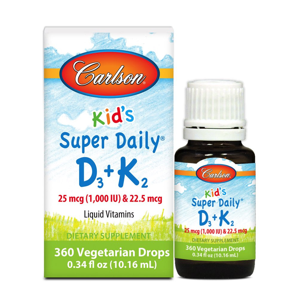 Carlson - Kid'S Super Daily D3+K2, 25 Mcg (1000 IU) & 22.5 Mcg, Liquid Vitamins D & K, Vegetarian, Unflavored, 360 Drops