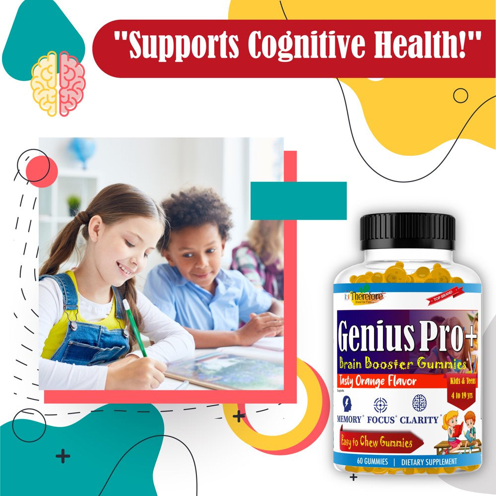 Geniuspro+ Kids Brain Focus Supplements with Omega 3, Support Focus, Memory, Attention, Mood, Chewable Nootropics Brain Vitamins for Kids & Teens, Brain Health Supplement, Fruity Flavor 60 Gummies