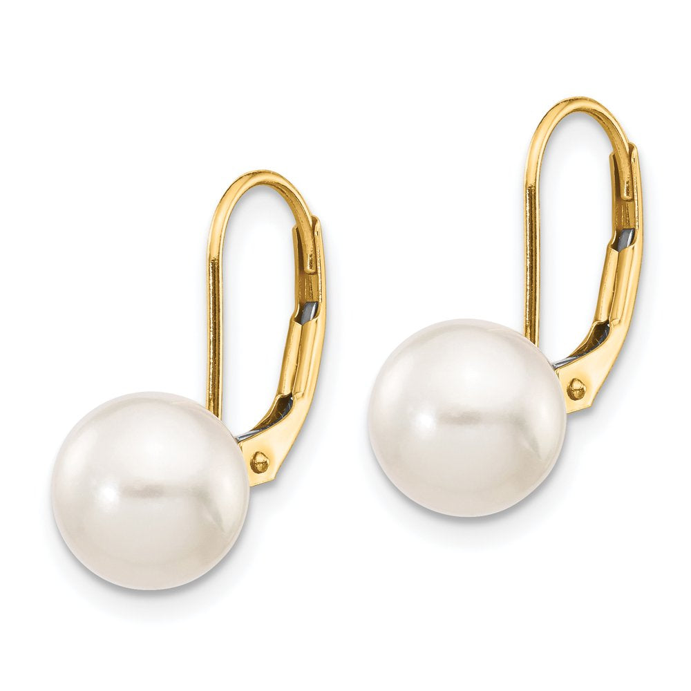 14K 8-9Mm White round Saltwater Akoya Cultured Pearl Leverback Earrings XF482E