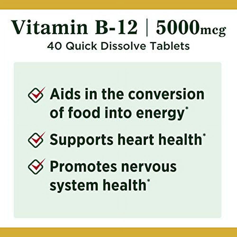 Vitamin B12 by Nature'S Bounty, Quick Dissolve Vitamin Supplement, Supports Energy Metabolism and Nervous System Health, 5000Mcg, 40 Tablets