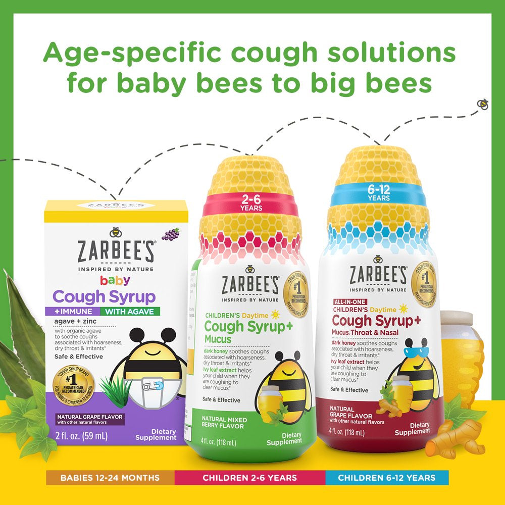 Zarbee’S Kids Cough + Mucus Daytime with Honey, Ivy Leaf, Zinc & Elderberry, Mixed Berry, 8FL Oz