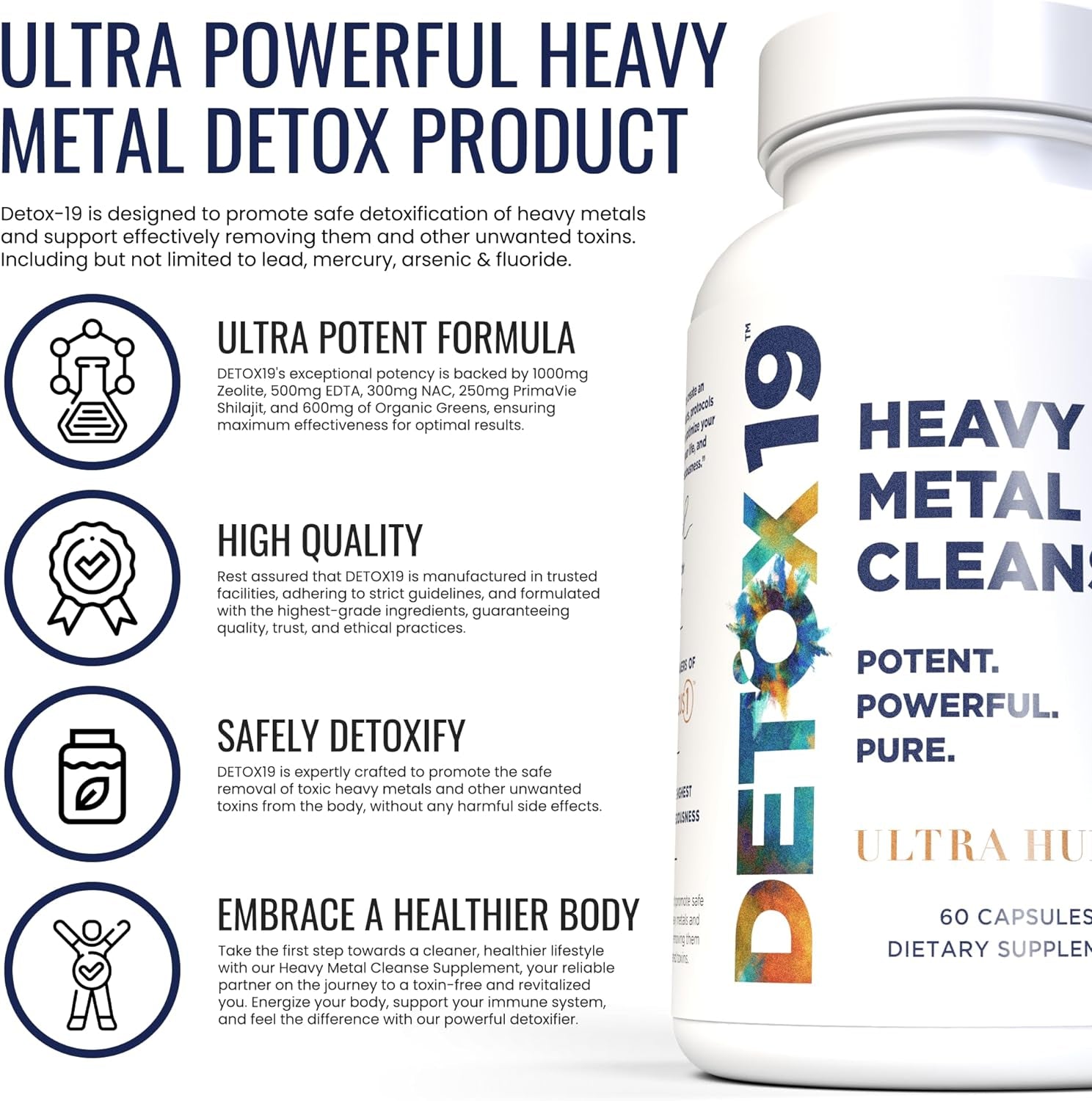 Ultra Human Heavy Metal Detox - Zeolite Detox Capsules, Natural Energy and Immune System, Supports Daily Detox and Optimal Ph, Max Absorption Alkaline Capsules, Easy to Take (60 Capsules)