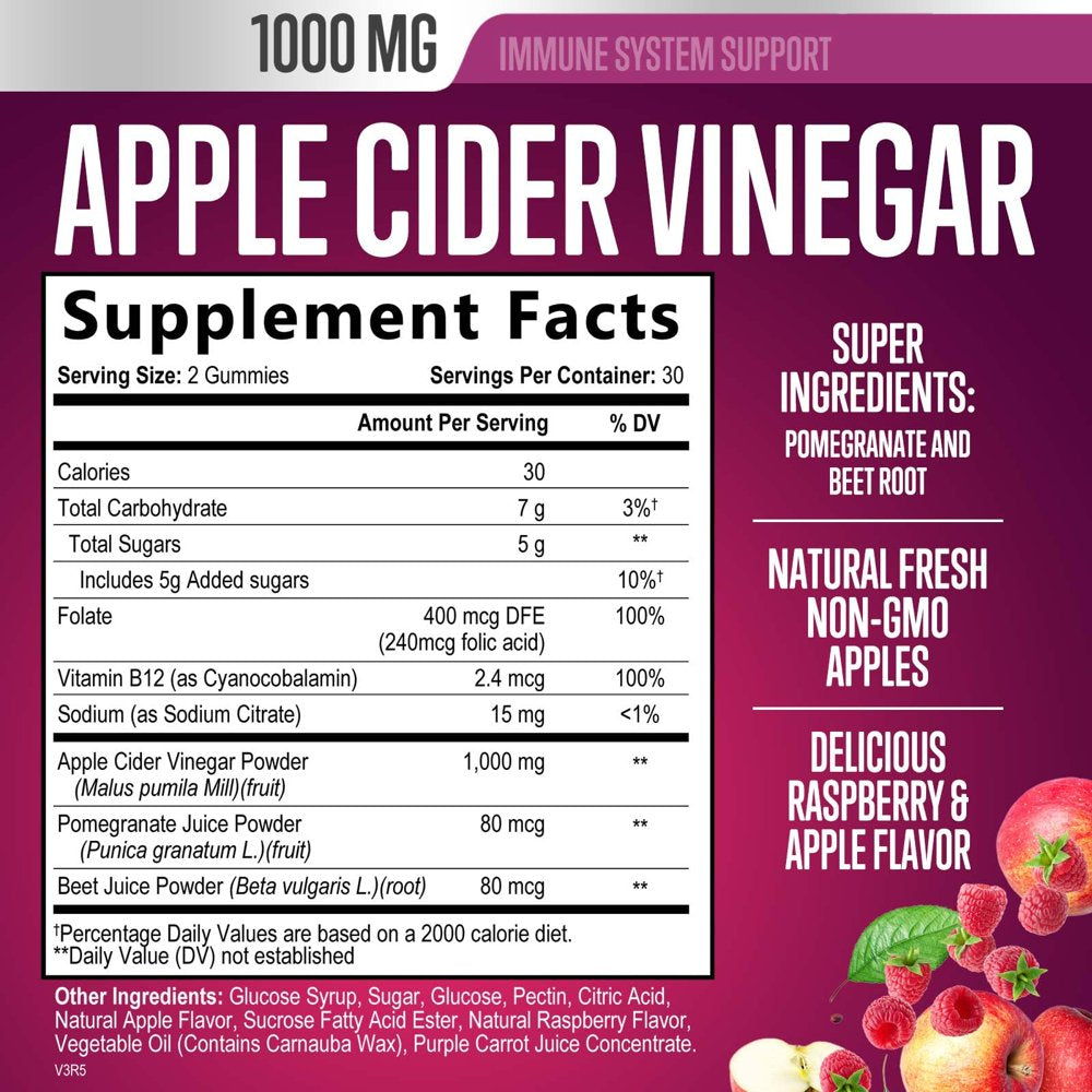 Vegan Apple Cider Vinegar Gummies 1000Mg for Detox and Cleanse, Nature'S ACV Gummy Vitamins B12 Supplement for Digestion, Natural Apple Raspberry Flavor, Non-Gmo, Gluten Free for Adults - 60 Gummies