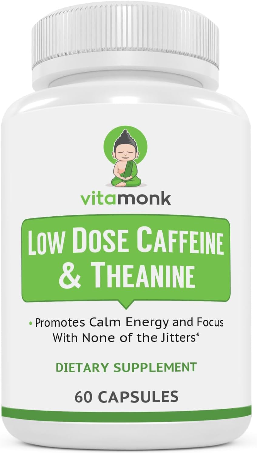 Vitamonk Low Dose Caffeine and Theanine - No Jitters, No Crash- Microdose of Caffeine L Theanine Pills with Caffeine Theanine and Theobromine - 25Mg of Caffeine, Caffeine Pills L Theanine - 60 Caps