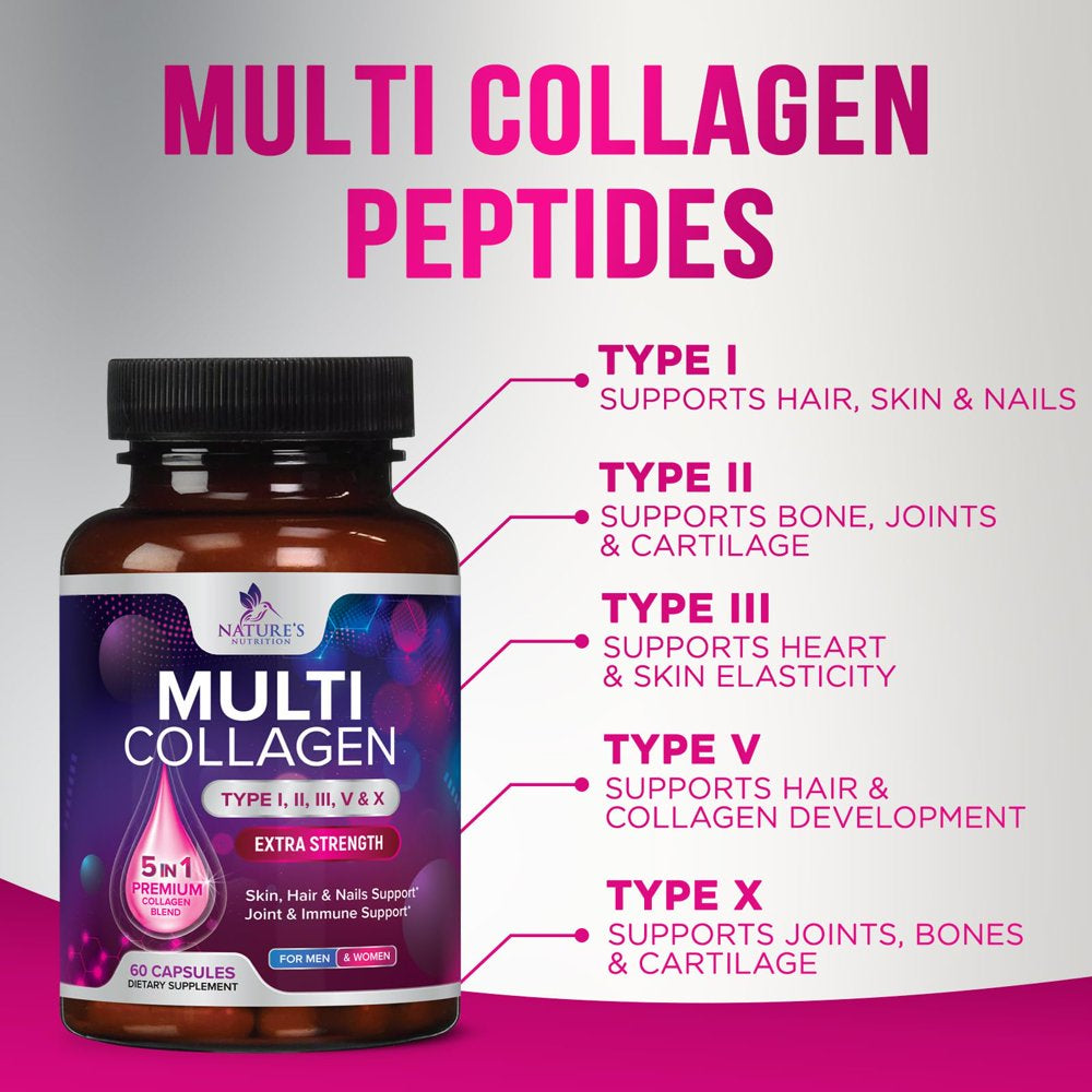 Multi Collagen Complex Pills - Type I, II, III, V, X, Grass Fed & Non-Gmo Hydrolyzed Collagen Peptides Supplement - Supports Hair, Nails, Skin & Joint Health, Gluten-Free, Paleo & Keto - 60 Capsules