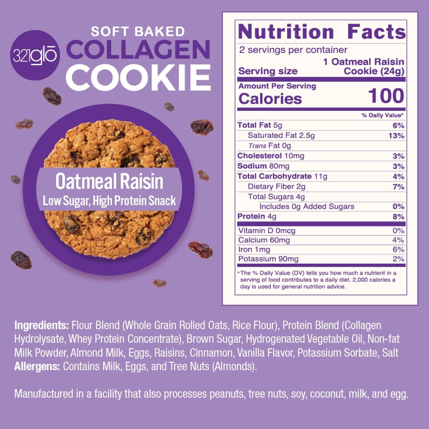 321Glo Collagen Cookies | Soft Baked, High Protein Cookies | Low Carb, Low Sugar | Keto Snack for Women, Men, & Kids | 12 Pack (Oatmeal Raisin)