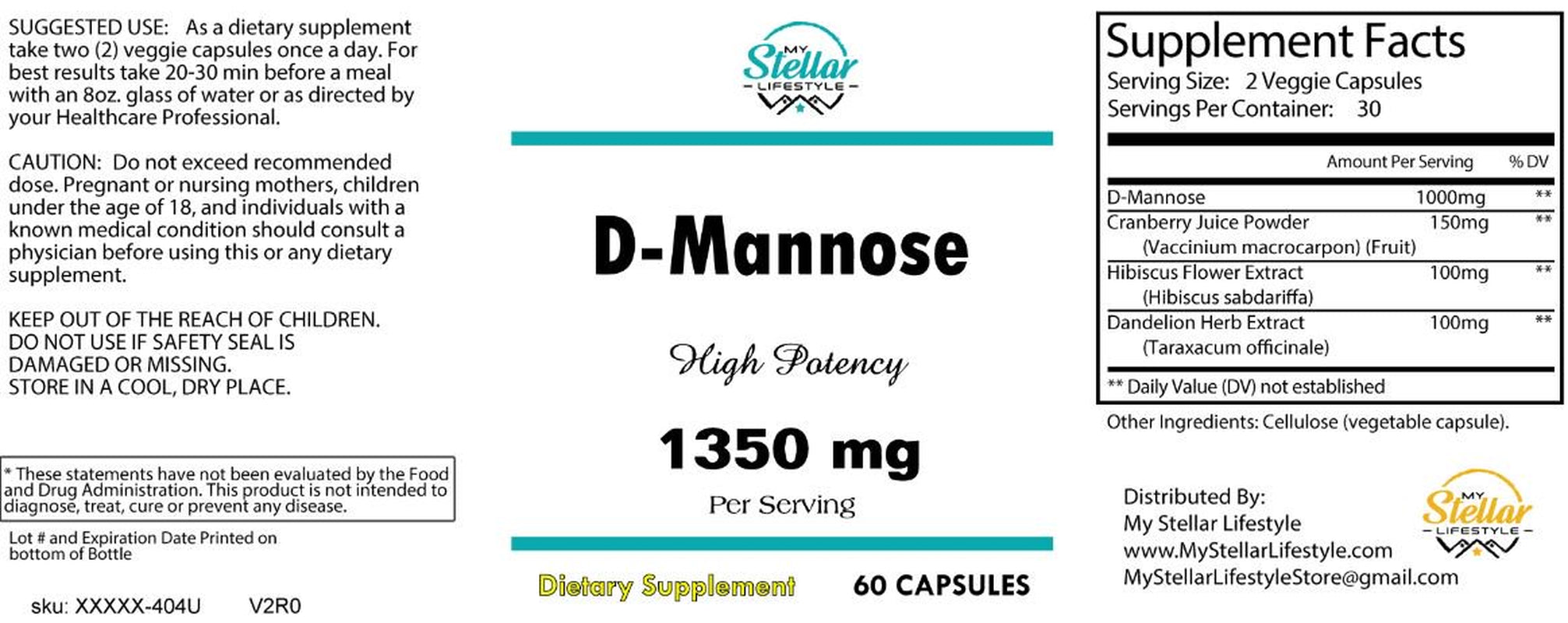 5 Pack D-Mannose 1350Mg W/ Cranberry Potent UTI Relief Urinary Tract Bladder Cleanse-60 Capsules X5