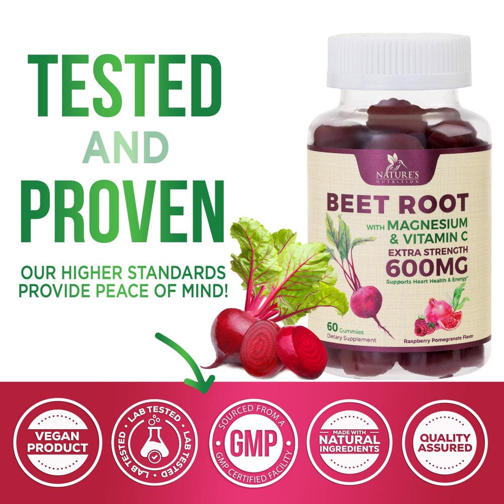 Nature'S Nutrition Beet Chews Gummies with Beetroot - Energy & Heart Health Support, Natural Nitric Oxide Production Support, Superfood Beets Soft Chews Gummy Supplement - 60 Count Beet Root Gummies