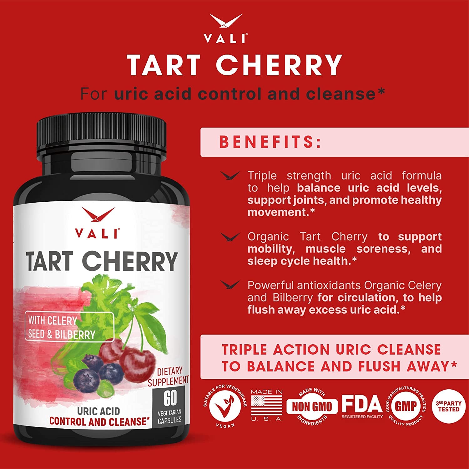 VALI Time Release Caffeine Tart Cherry Bundle - Smart Slow Release Caffeine for Extended Energy, Focus & Alertness and Uric Acid Control and Cleanse with Cherry, Celery & Bilberry for Joints