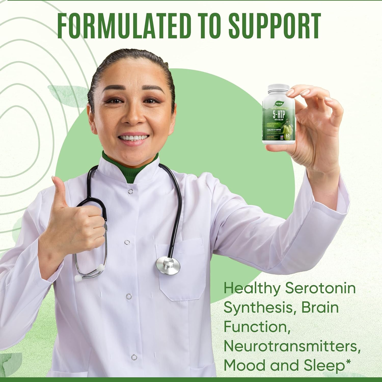 YEVANI 100% Pure 5-HTP Formula with Calcium for Mood, Stress, and Sleep Supplement for Adults - Neurotransmitter Support - 5-Hydroxytryptophan - 60 Capsules, 30 Servings