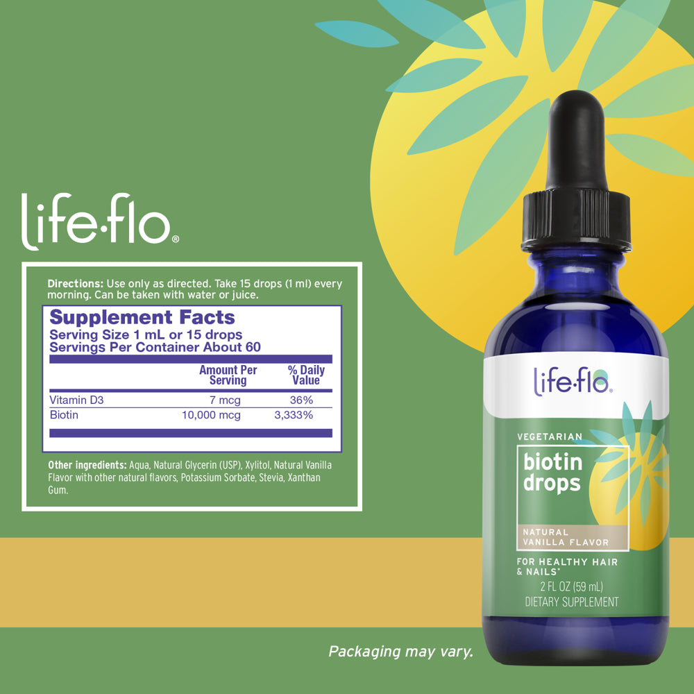 Life-Flo Biotin Drops 10,000 Mcg with Vitamin D3 | Liquid Supplement for Healthy Hair, Skin & Nails | 2Oz, 60 Servings