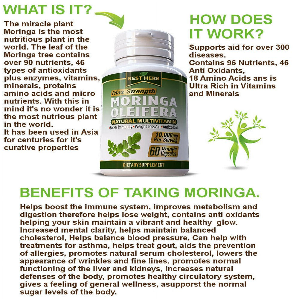 Moringa Oleifera Natural Multi-Vitamin 10:1 Leaf Extract Boosts Immune System Capsules