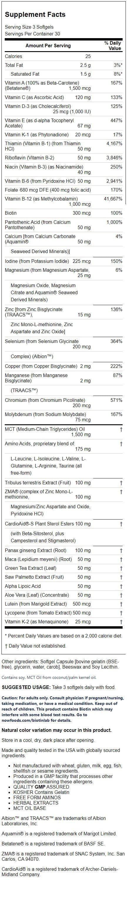 NOW Sports Nutrition, Men'S Extreme Sports Multi with Free-Form Amino Acids, ZMA®, Tribulus, MCT Oil, and Herbal Extracts, 90 Softgels