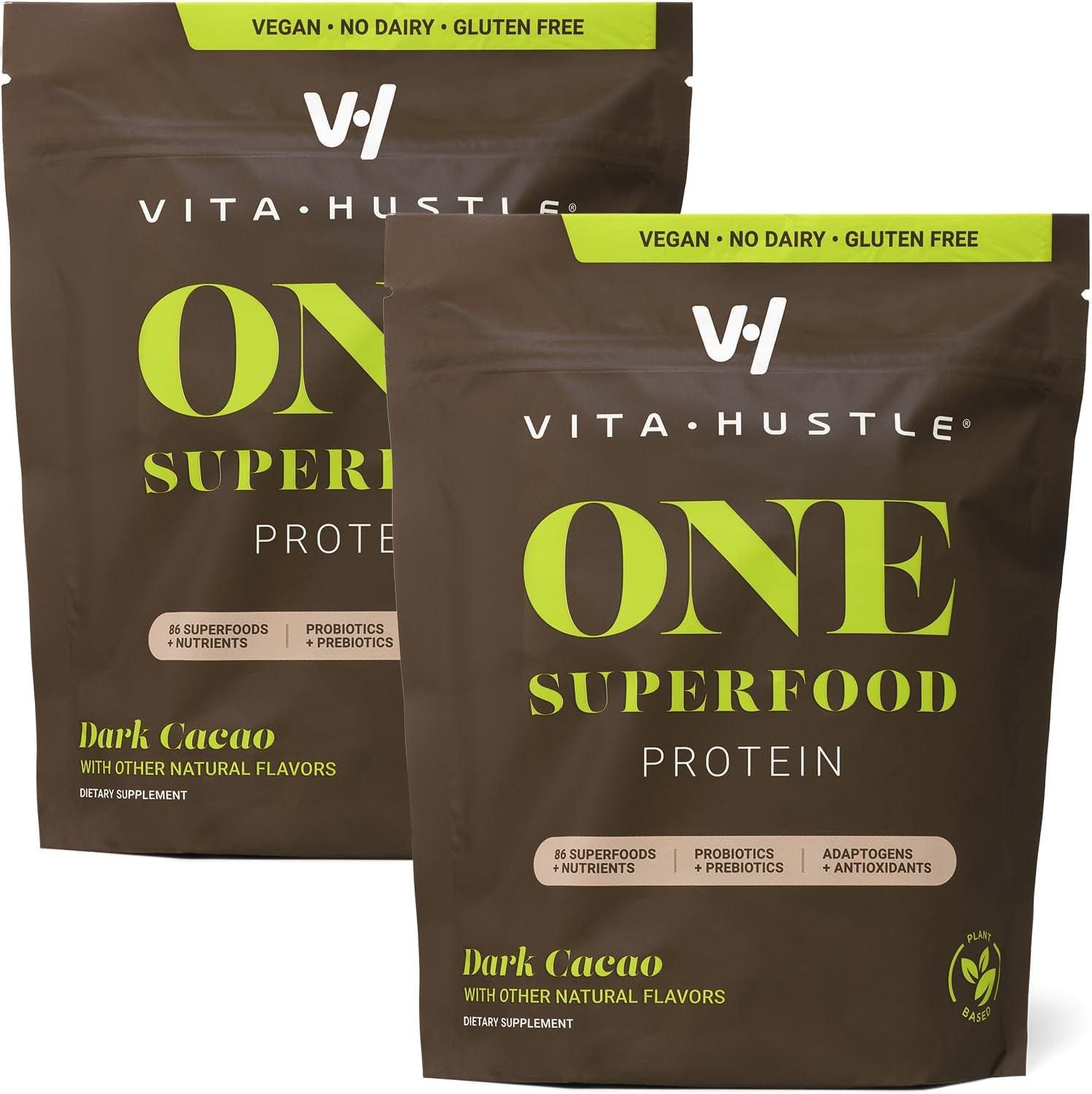 Vitahustle 2 Bags ONE Superfood Protein + Greens Chocolate| 20G Plant Based Protein + Greens with Probiotics, Adaptogens - 2 Pack (Chocolate 15 Servings, 2 Bags)