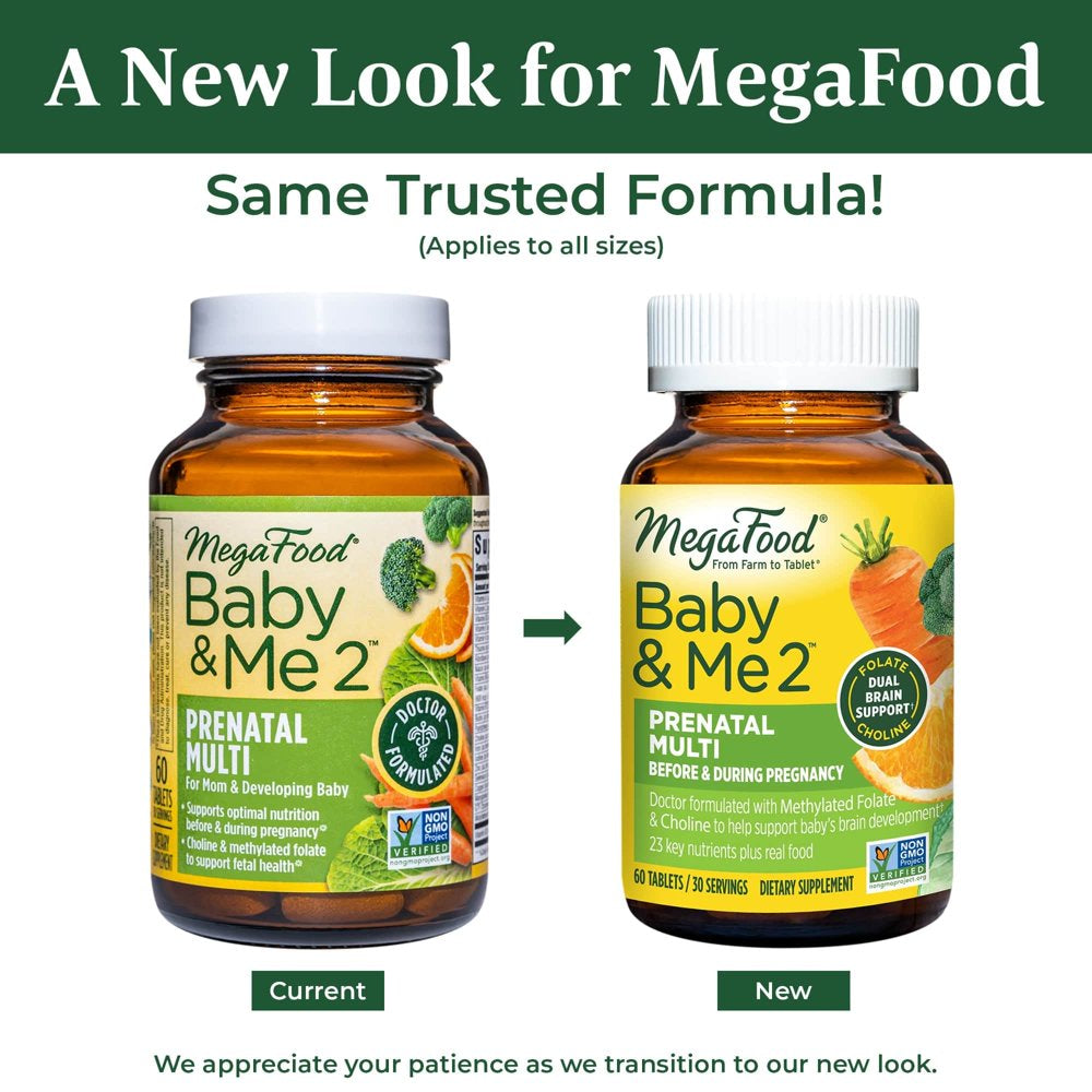 Megafood Baby & Me 2 Prenatal Multi - Prenatal Vitamins for Mom & Developing Baby - Dr Formulated with Essential Nutrients like Folic Acid, Choline, Biotin, and More - Non-Gmo - 60 Tabs (30 Servings)