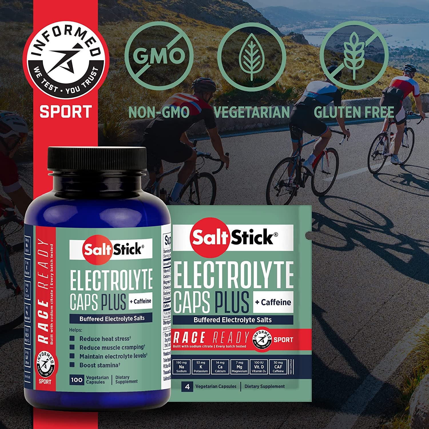 Saltstick Race Ready Electrolyte Capsules with Caffeine | 96 Capsules | Salt Pills for Running, Hydration, Helps Reduce Muscle Cramps | 24 Packets, 4 Capsules Each