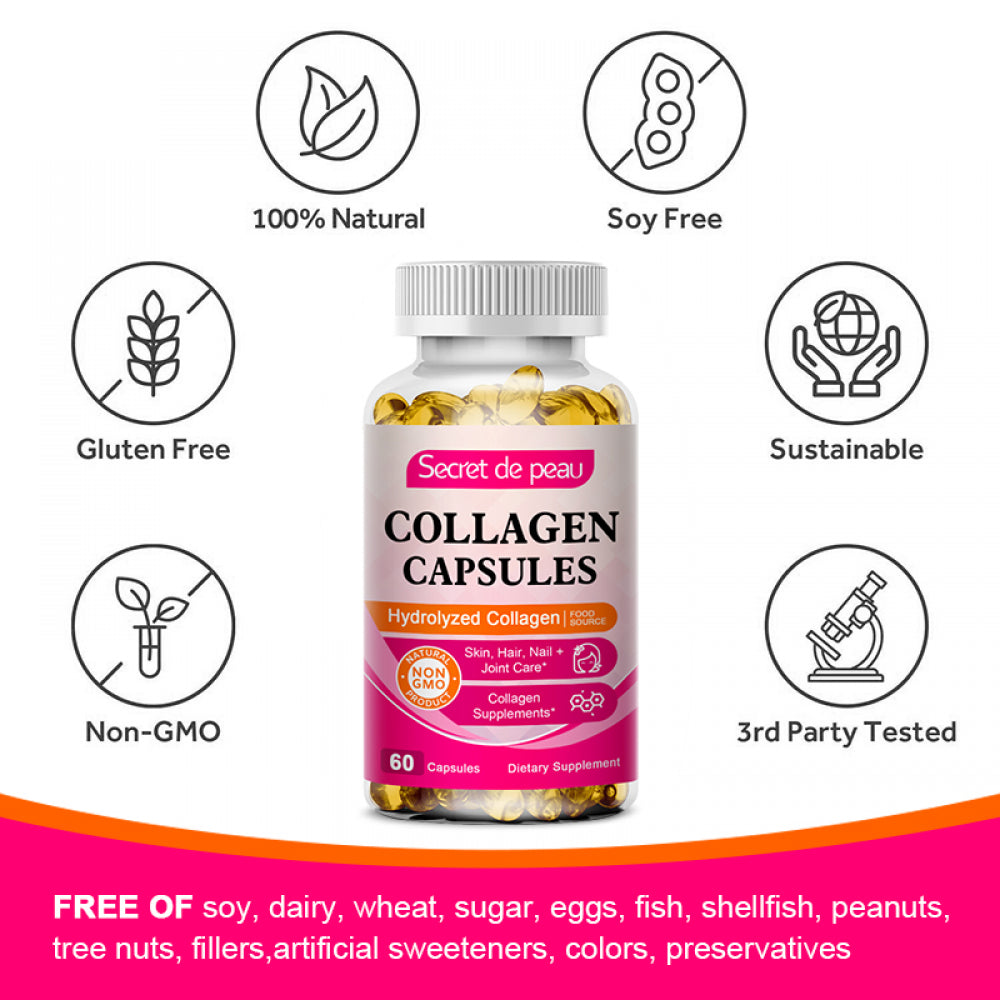 Secret De Peau Collagen Capsules - Collagen Pills, 60 Count, for Skin, Hair, Nails & Joints, Collagen Supplements for Women & Men, Non-Gmo