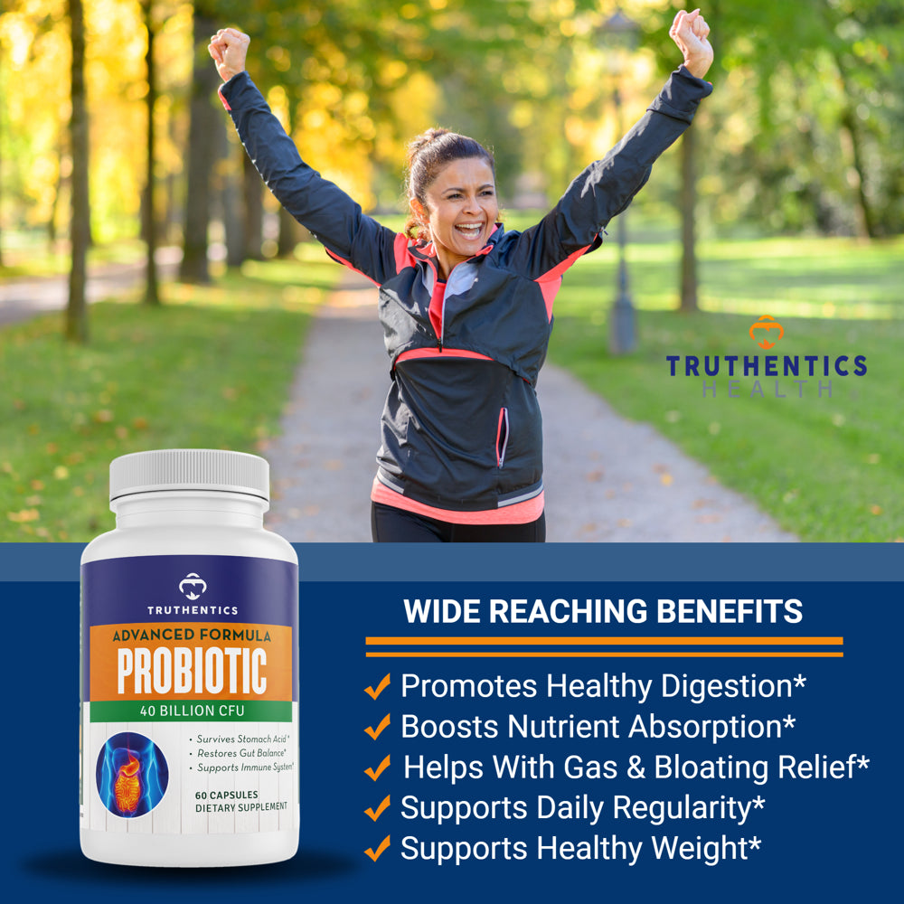 Truthentics Probiotic 40 Billion CFU Supplement with Prebiotics (2 Pack) for Women and Men- Stomach Acid Protection - No Refrigeration Needed - 120 Capsules