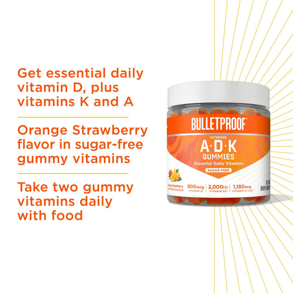 Vitamins A-D-K, 60 Sugar-Free Gummies, Strawberry Orange Flavor |1000Mcg K1, 900Mcg A, 180Mcg K2, 50Mcg D3 | High Potency Bulletproof Keto Supplement for Heart, Bone and Immune Support