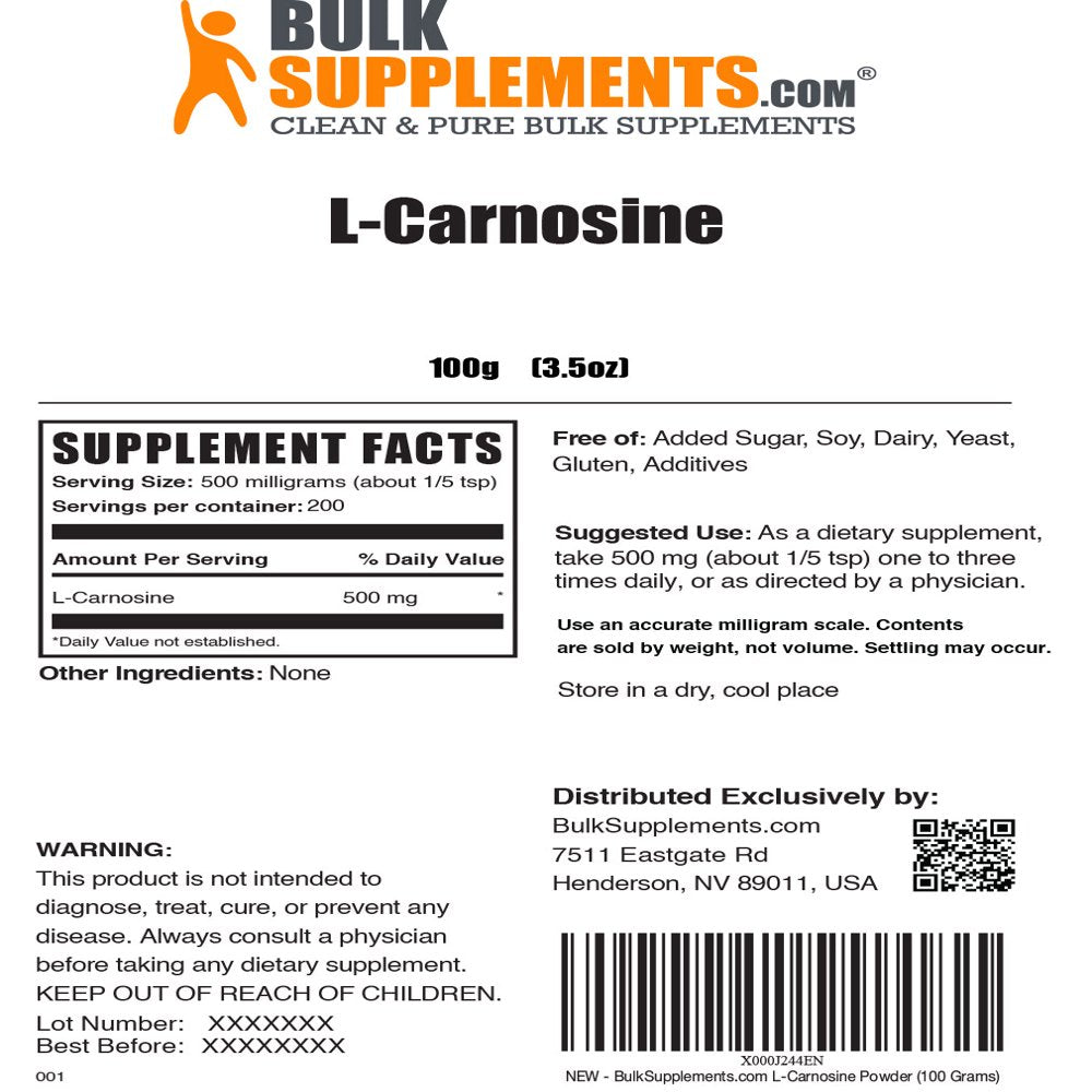 Bulksupplements.Com L-Carnosine Powder Eye Supplement Vegetarian - Vegetarian Supplement (100 Grams)