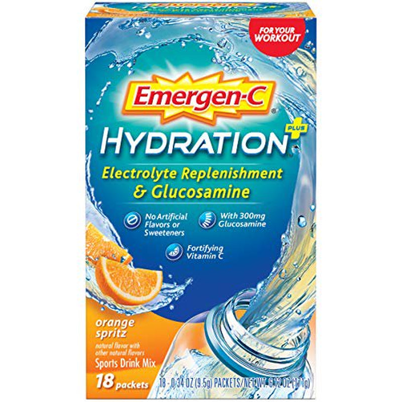 Emergen-C Hydration+ Sports Drink Mix with Vitamin C (18 Count, Orange Spritz Flavor with Glucosamine), Electrolyte Replenishment, 0.34 Ounce Powder Packets