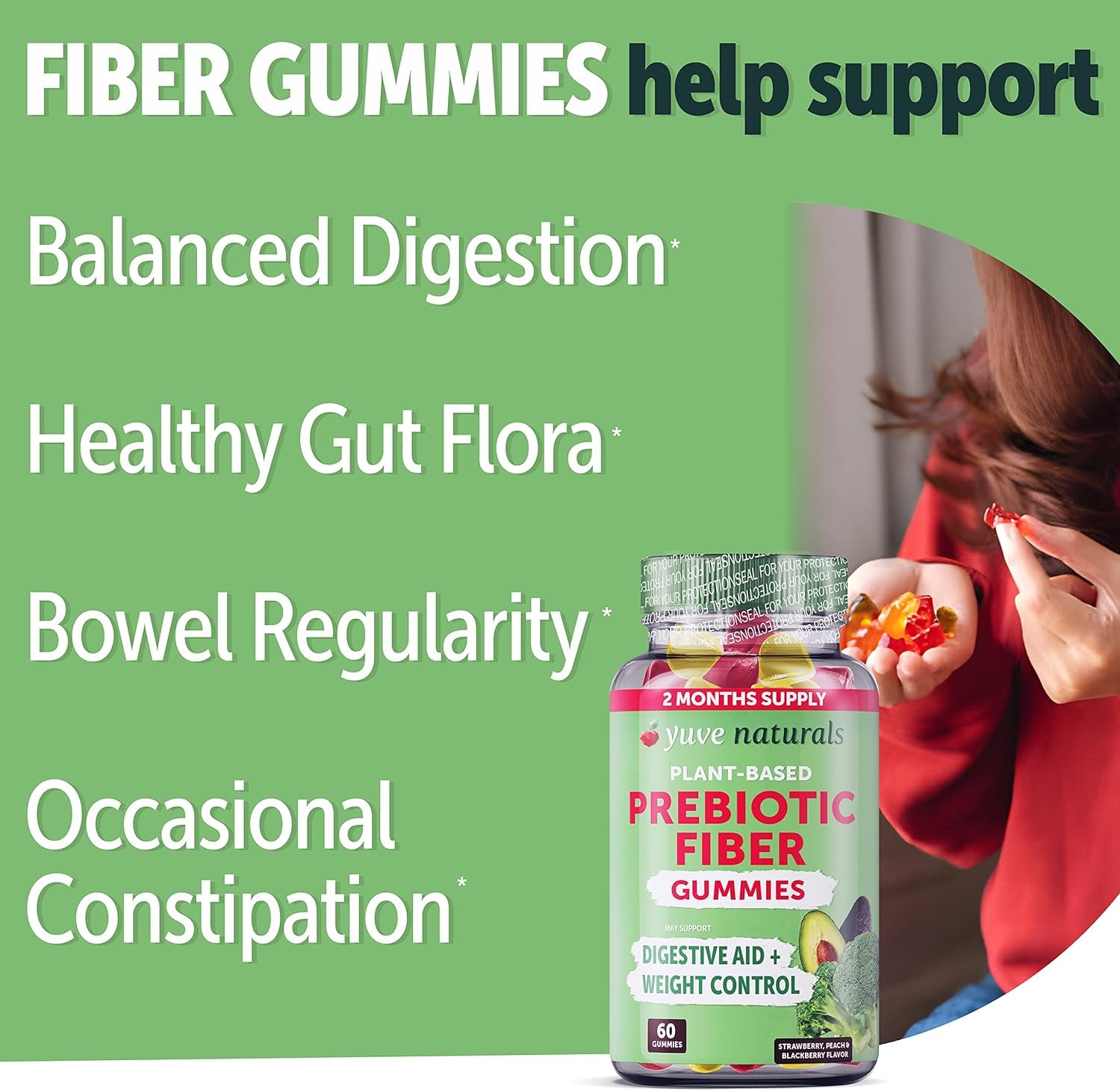 Yuve Prebiotic Fiber Gummies - Delicious - 3G Soluble Fiber Supplement - Supports Digestive Health & Regularity - Vegan & Gluten-Free Fiber Gummies for Adults & Kids - Non-Gmo & Low Sugar - 60 Count