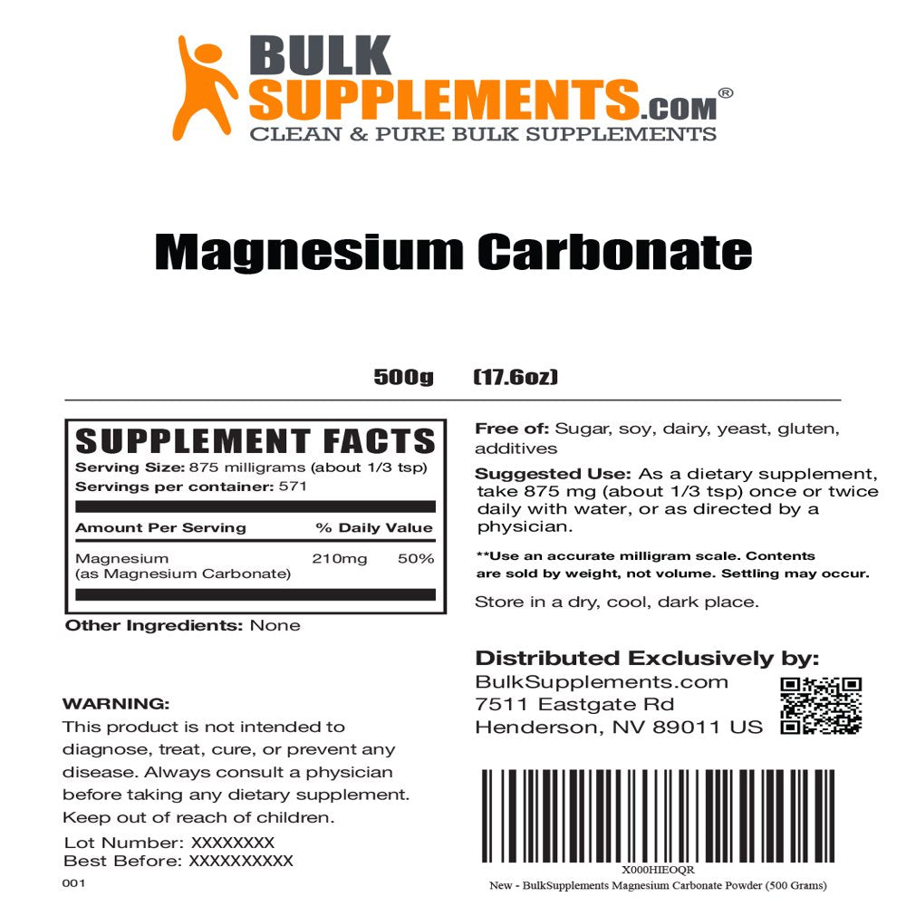 Bulksupplements.Com Magnesium Carbonate Powder - Pure Magnesium - Vegan Magnesium - Sleep Powder (500 Grams - 1.1 Lbs)