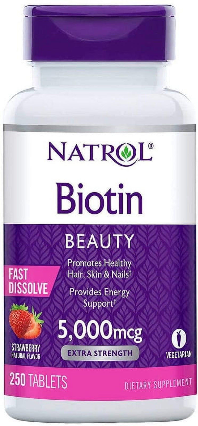 Natrol Biotin BEAUTY 5,000 Mcg Strawberry Flavor 250 Fast Dissolve Tabs - 2 Pack