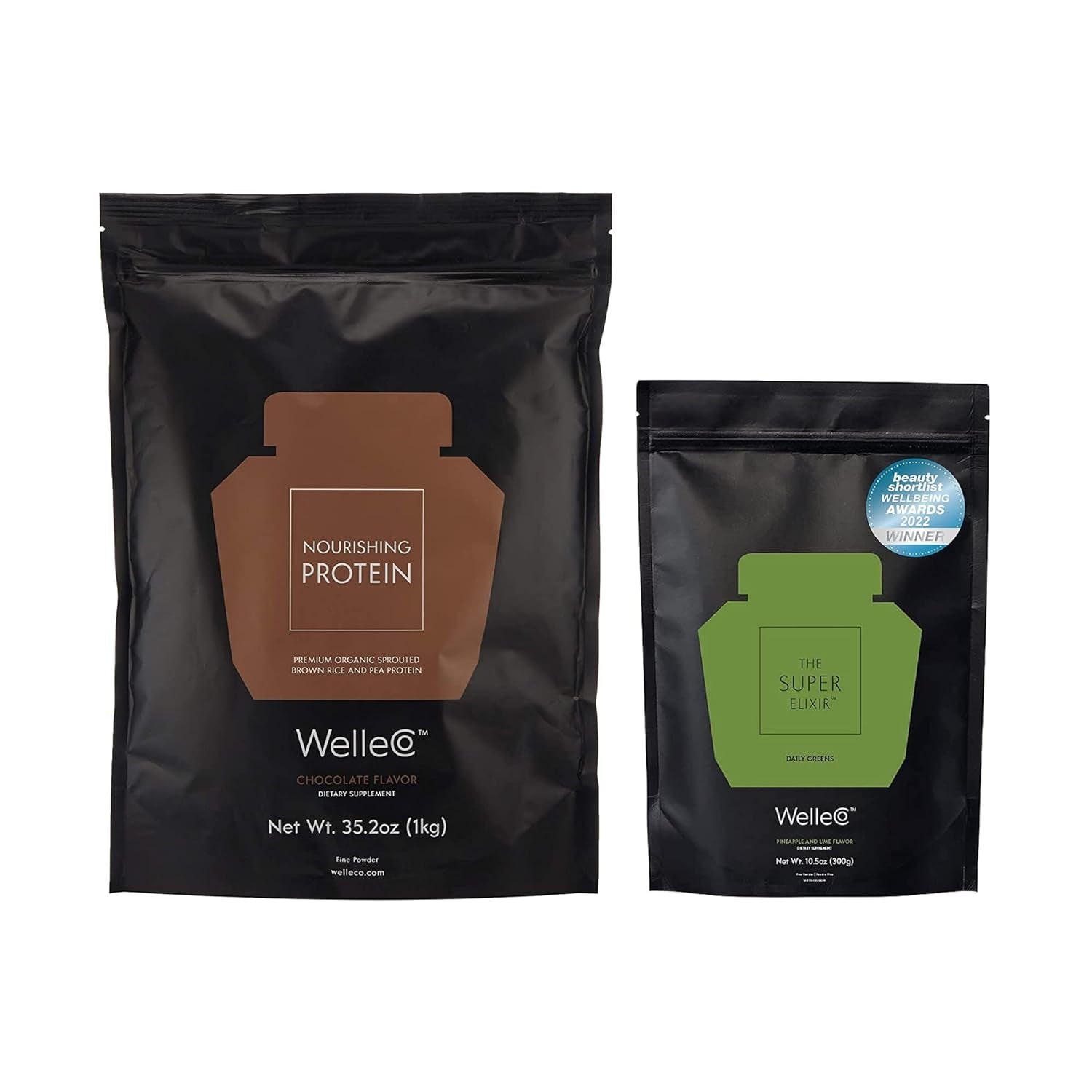 Welleco, Nourishing Protein Powder (Chocolate Flavour) + Super Elixir Daily Greens (Pineapple & Lime Flavour), Supports Muscle Recovery & Gut Health, 1Kg + 300G Pouch