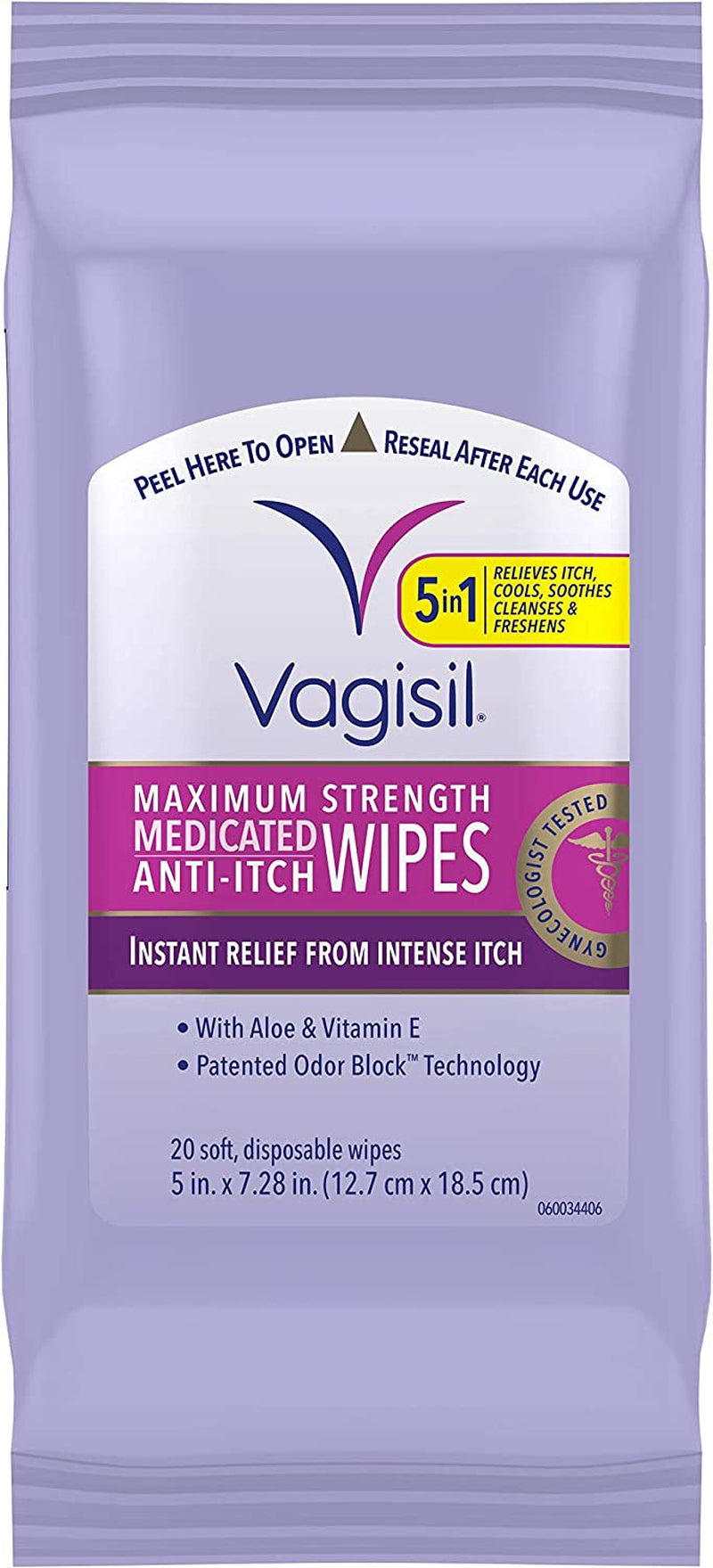 Vagisil Anti-Itch Medicated Wipes, Maximum Strength for Instant Relief, 20 Count