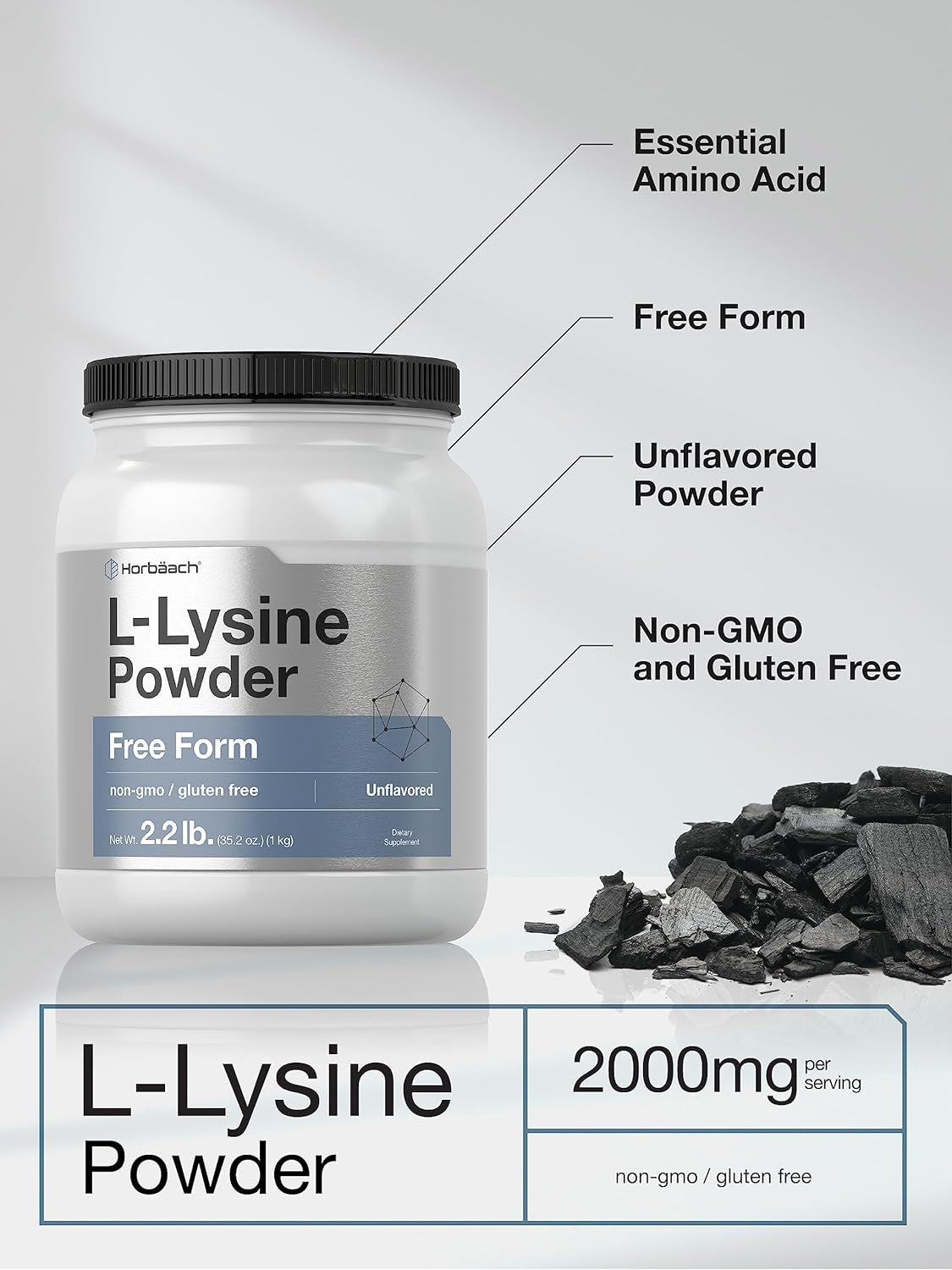 L-Lysine Powder | 2.2 Lbs | Unflavored Free Form Supplement | Vegetarian, Non-Gmo, Gluten Free Formula | by Horbaach