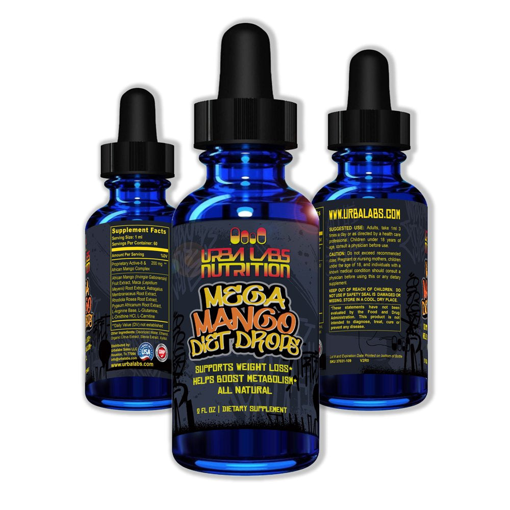 Urbalabs Premium Mega Mango Diet Drops 2 Oz Weight Loss Drops Fast Acting African Mango Maca Root Fat Loss Appetite Suppressant Metabolism Booster