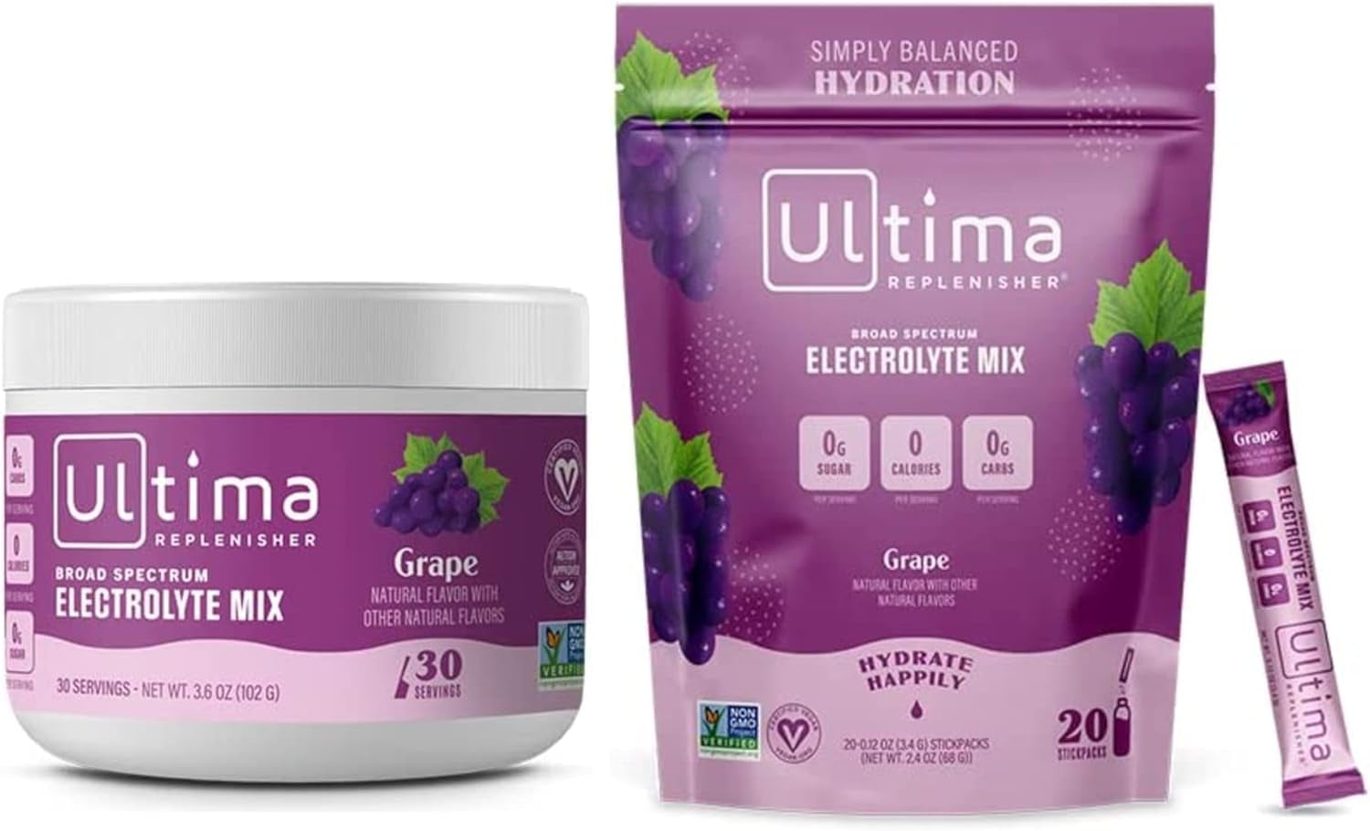 Ultima Replenisher Hydration Electrolyte Powder- Keto & Sugar Free- at Home & on the Go Convenience Bundle- Feel Replenished, Revitalized- Grape, 30 Serving Canister & 20 Serving Stickpack​