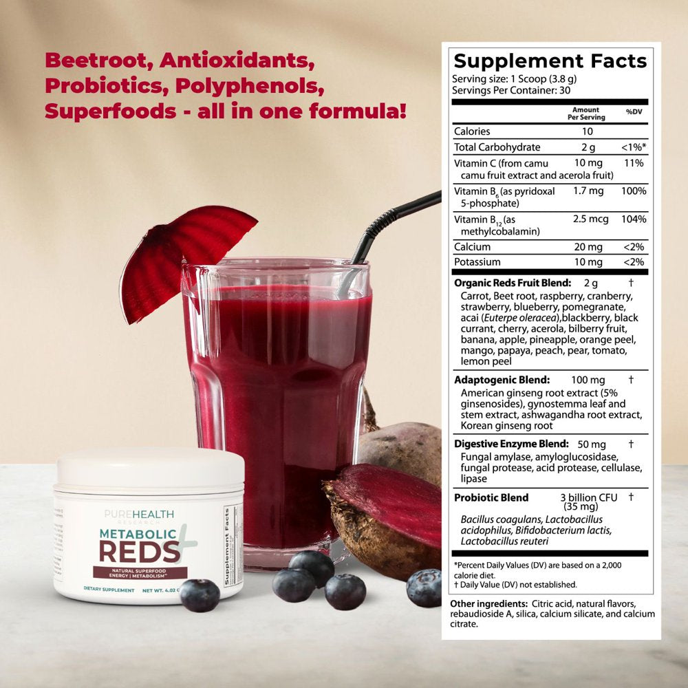 Reds Superfood Powder with Probiotics, 5 Digestive Enzymes, Beets & Ashwagandha Powder - Boost Drink for Body’S Detox & Cleanse by Purehealth Research, X6