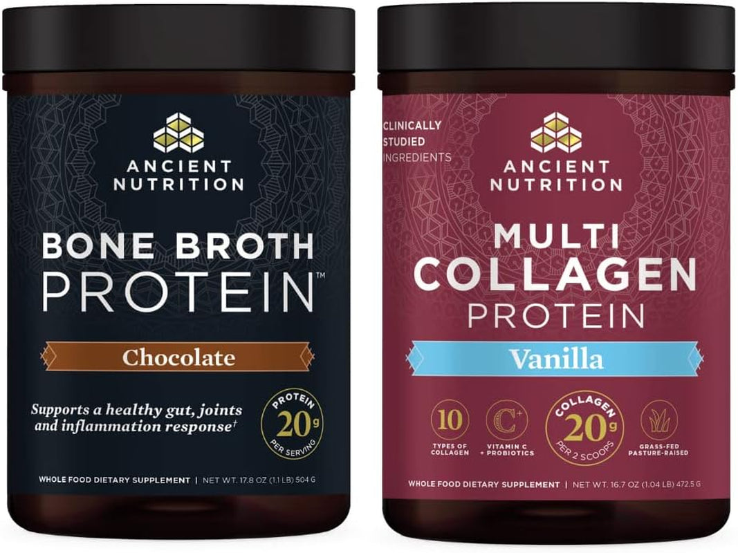 Ancient Nutrition Bone Broth Protein Powder, Chocolate, 20 Servings + Multi Collagen Protein Powder, Vanilla, 45 Servings