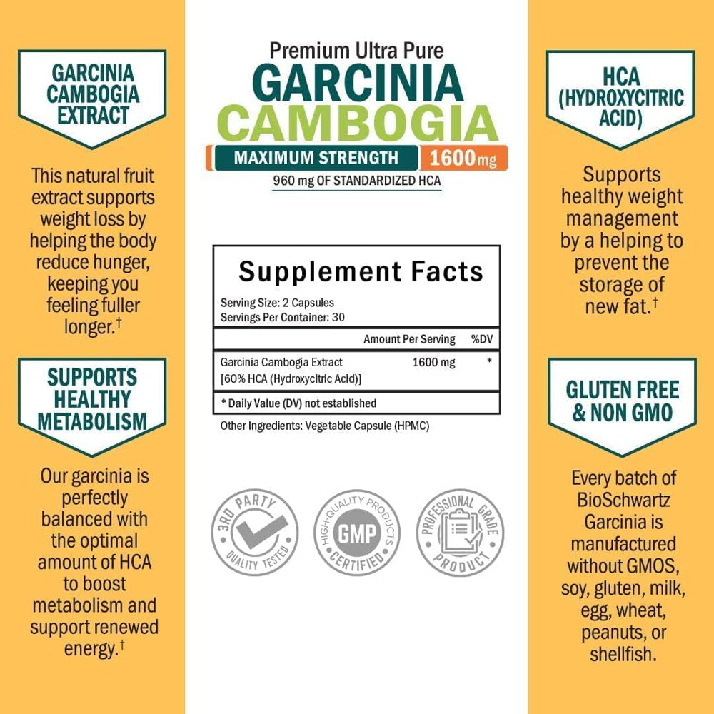 Bioschwartz Garcinia Cambogia Capsules 1600Mg | Weight Loss Support Pills | 60 Count