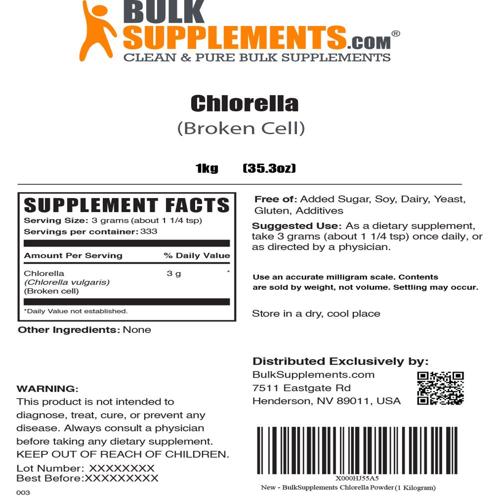 Bulksupplements.Com Chlorella Powder, 3G - Brain, Immune, & Liver Support (1KG - 333 Servings)