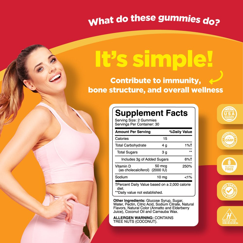 Vitamin D Gummies for Adults - Pure Vitamin D3 2000IU per Serving Immune Support Adult Gummy Vitamins - Phytoral 60Ct Chewable Vitamin D3 Gummies for Bone Strength Immunity Support Heart Health