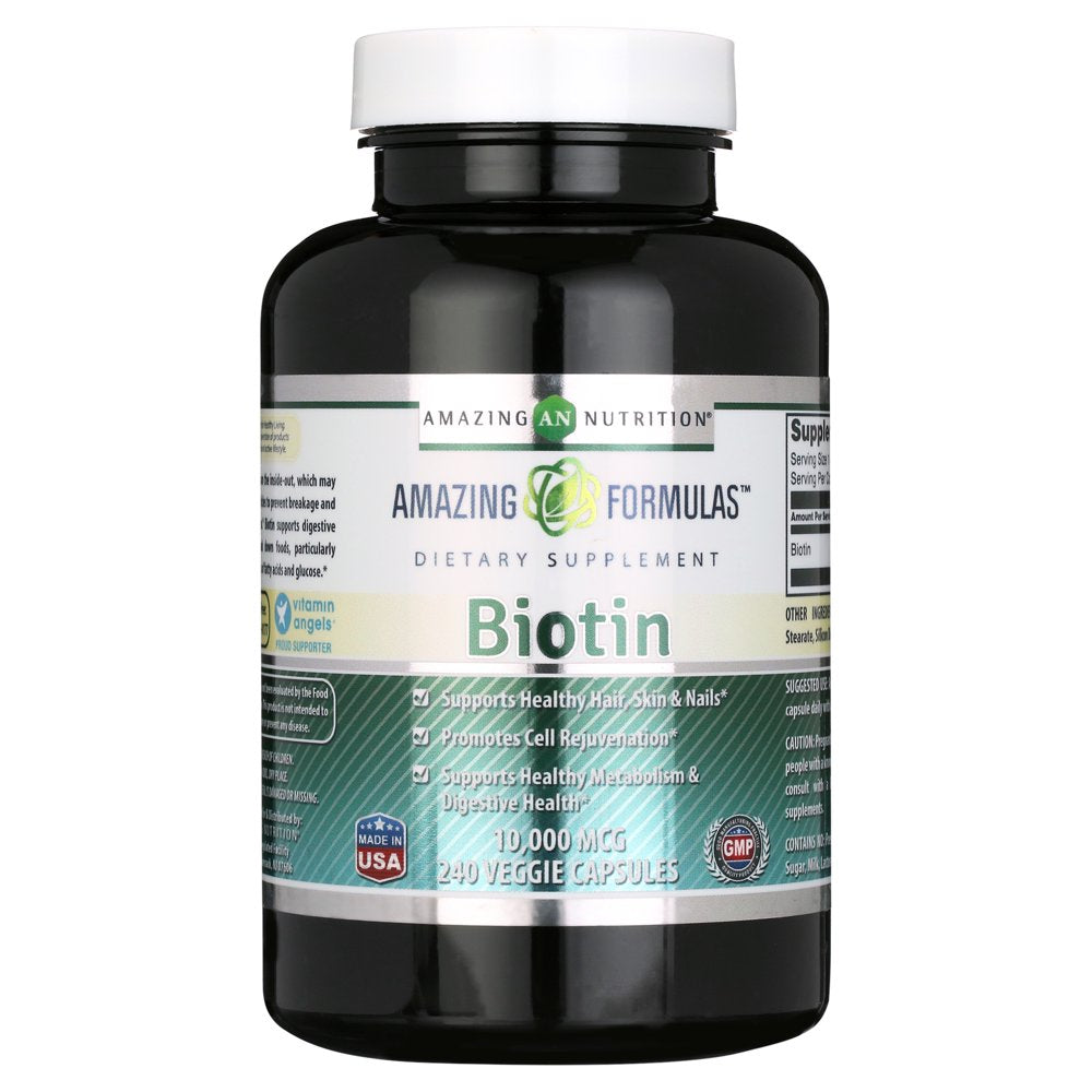 Amazing Formulas Biotin Supplement 10,000Mcg 240 Veggie Capsules - Supports Healthy Hair, Skin & Nails - Promotes Cell Rejuvenation (240 Count)