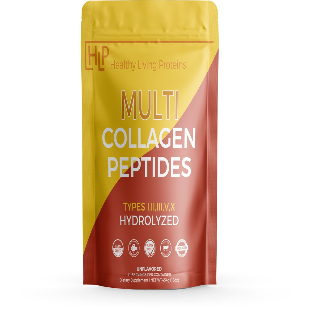 Healthy Living Proteins | Multi Hydrolyzed Collagen Peptides Type I, II, III, V, & X | Grass Fed Bovine, Wild Caught Marine, Free Range Chicken | Gluten Free (Unflavored, 16 Oz)