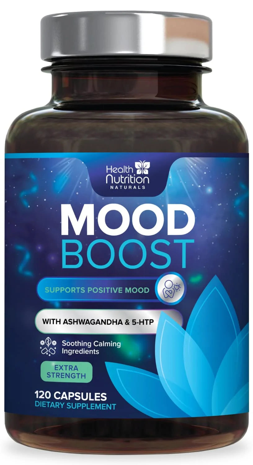 Health Nutrition Naturals Mood Boost Support for Stress 1100Mg - Mood, Calm, and Focus Supplement Formula with 5-Htp, Ashwagandha, GABA Non-Gmo, Vegan, & Bottled in USA Men Women 120 Capsules