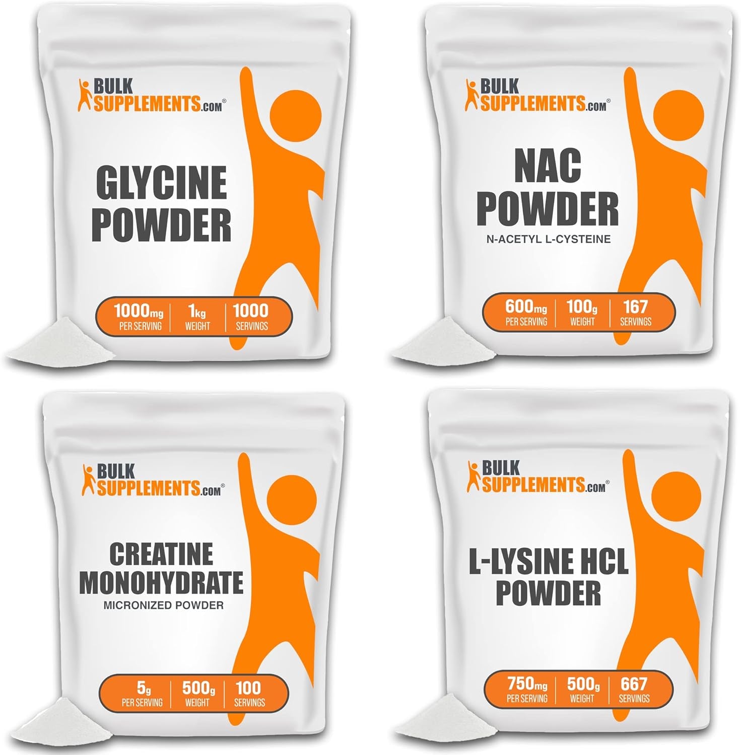 BULKSUPPLEMENTS.COM Glycine Powder 1KG, with NAC Powder (N-Acetyl L-Cysteine) 100G, Creatine Monohydrate Powder (Micronized Creatine) 500G & L-Lysine Powder (L-Lysine Hcl) 1KG Bundle