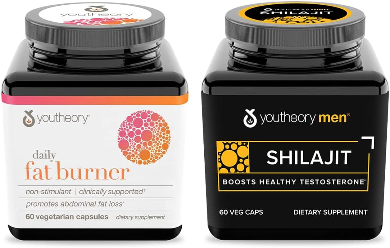 Youtheory Daily Fat Burner, Vegetarian Capsules, 60 Count Bottle Mens Shilajit Advanced 60 Count Bottle Value Bundle