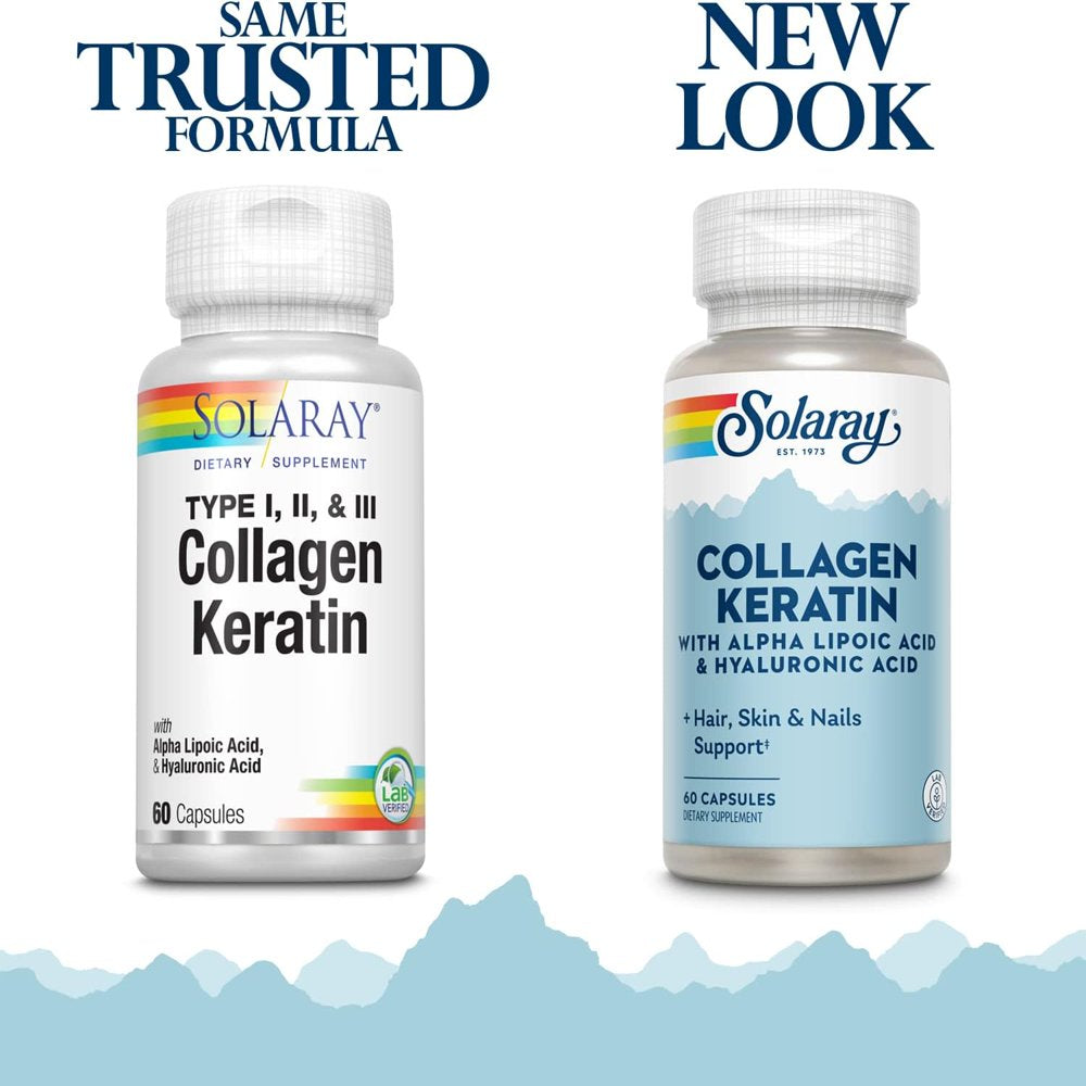 SOLARAY Collagen Keratin with Alpha Lipoic Acid and Hyaluronic Acid - Type I, II and III Collagen Pills - Hair, Skin, Nails, and Joint Health Support - 30 Servings, 60 Capsules