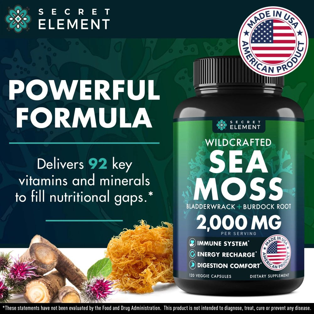 Sea Moss Capsules - Irish Sea Moss Advanced with Burdock Root, Bladderwrack Muira Puama for Immunity, Gut, Energy - Superfood Sea Moss Supplements W/Raw Sea Moss Powder - 120 Irish Seamoss Pills