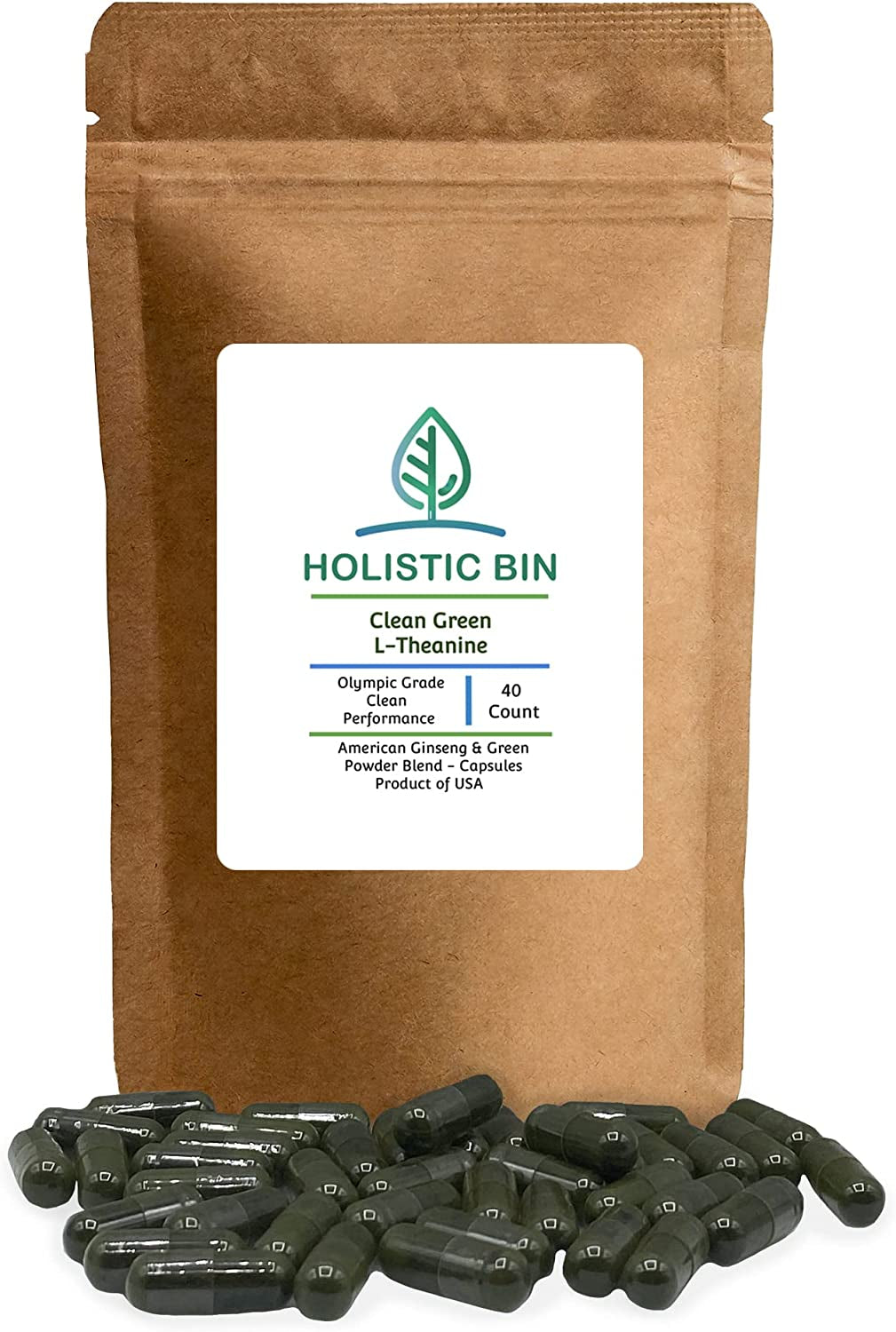 Holistic Bin Clean Green L Theanine Supplement Nootropic Blend of L-Theanine, Ceremonial Grade Matcha Green Tea Powder, Japanese Ashitaba Tea, Moringa & American Ginseng Root (30 Day Supply)